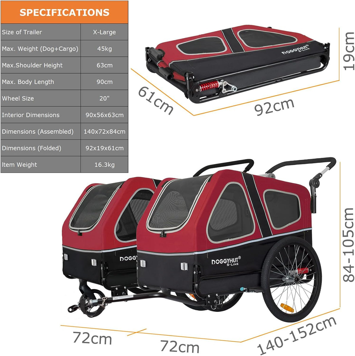 Doggyhut S-Line XL Hundeanhänger & Hundebuggy mit Federung 2 in 1 Hunde Fahrradanhänger Jogger gefedert bis 45 kg