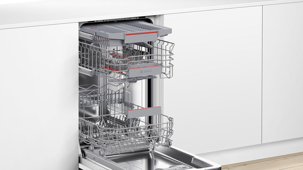 Bosch SPV2IKX10E Serie 2 Smarter Geschirrspüler vollintegriert, 45 cm breit, Besteckkorb, Extra Trocknen auf Knopfdruck, InfoLight roter Lichtpunkt am Boden, AquaStop Schutz gegen Wasserschäden, Weiß