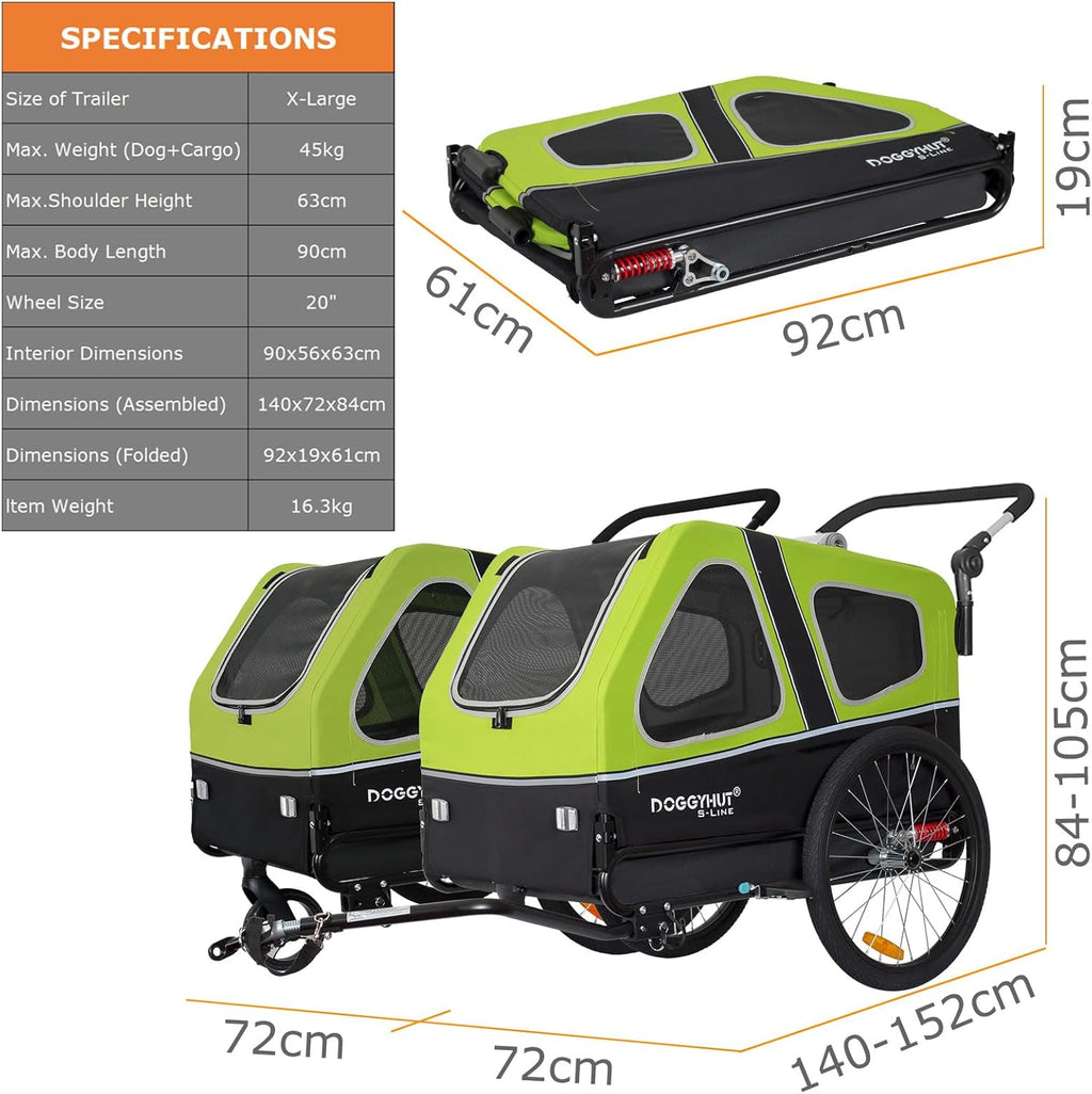 Doggyhut S-Line XL Hundeanhänger & Hundebuggy mit Federung 2 in 1 Hunde Fahrradanhänger Jogger gefedert bis 45 kg