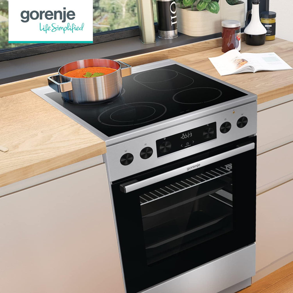 Gorenje GECS5C70XPA Elektro-Standherd mit Glaskeramik-Kochfeld / 50cm / 70 Liter/GentleClose/Schnellaufheizung/AirFry/ExtraSteam/Pizzamodus 300°C/Teleskopauszüge/AquaClean/BräterZone/schwarz