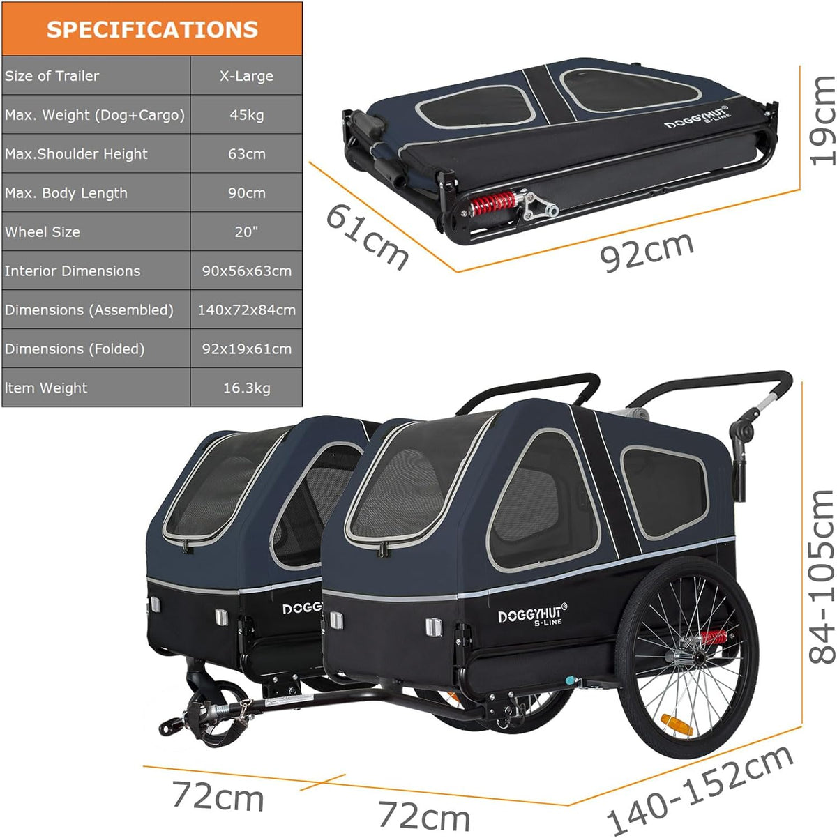 Doggyhut S-Line XL Hundeanhänger & Hundebuggy mit Federung 2 in 1 Hunde Fahrradanhänger Jogger gefedert bis 45 kg
