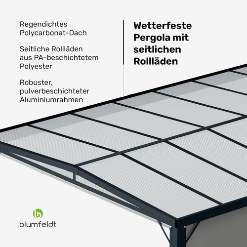 blumfeldt Pergola 3x4 m, Überdachung Mit Polycarbonatdach & Einziehbaren Seitenwänden, Pulverbeschichteter Aluminiumrahmen, Wetterfest & Stabil, Einfacher Aufbau, Winterfest