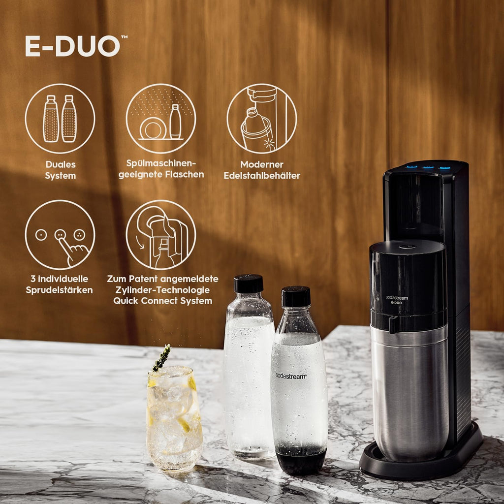 SodaStream elektrischer Wassersprudler E-DUO mit Quick-Connect CO2-Zylinder| inkl. 1x 1L Glasflasche und 2x 1L FUSE Kunststoffflasche (spülmaschinengeeignet) | Farbe: Titan