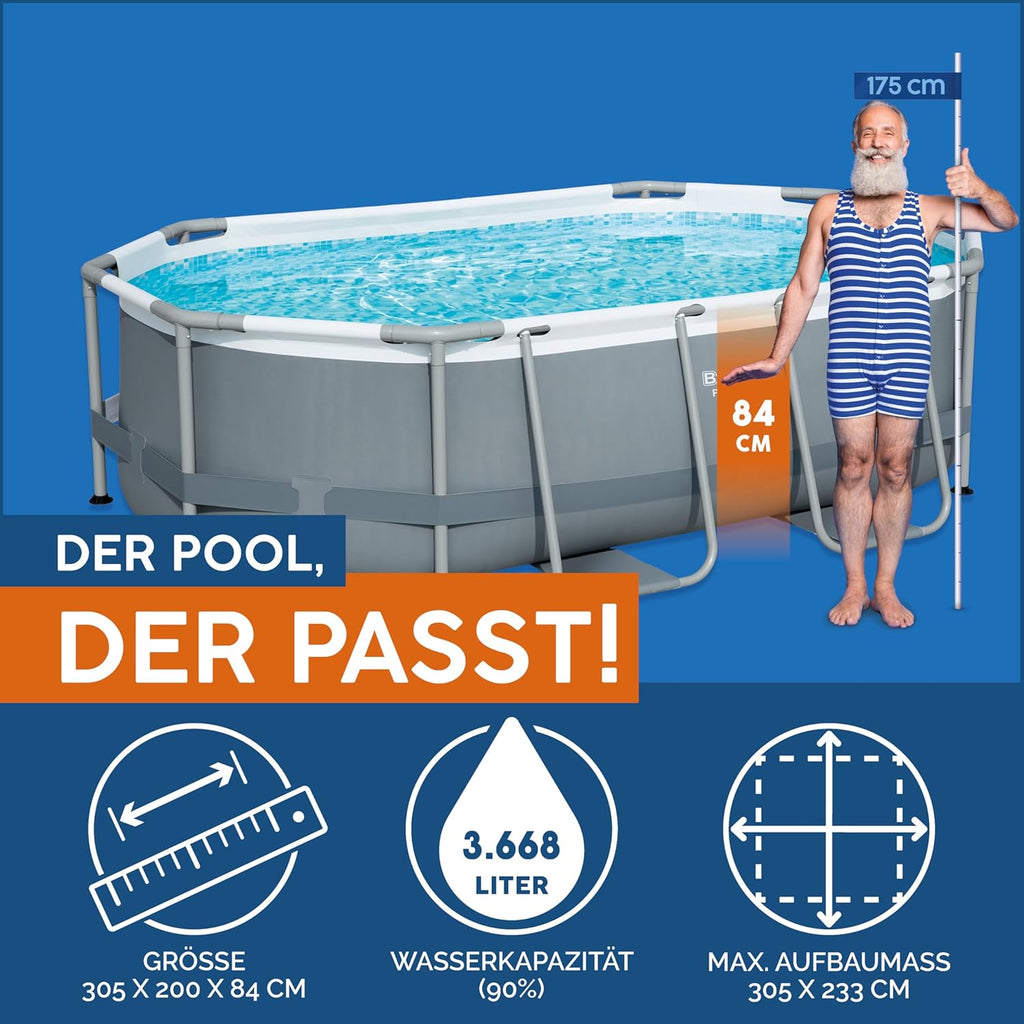 Bestway Power Steel Frame Pool Set, oval, mit Filterpumpe 305 x 200 x 84 cm, grau, 5614A
