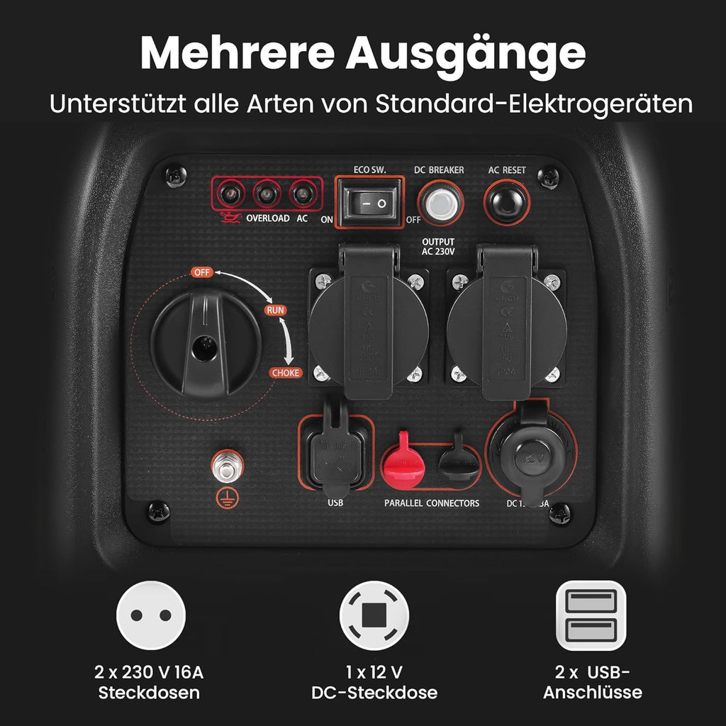 maXpeedingrods Inverter Stromerzeuger 3500W Superleise, Leicht und Mobil Benzin Notstromaggregat Stromgenerator, ECO-Modus mit 2x 230V / 2x USB / 1x 12V DC Steckdosen für RV Camping Festivals, Reise