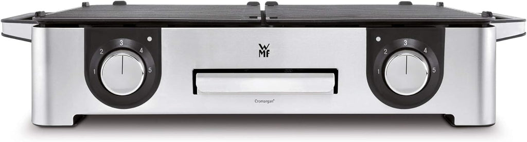 WMF Lono Master-Grill, Elektrogrill, 50x28 cm, Elektrogrill Tischgrill mit Windschutz und Auffangschale, Outdoorzertifiziert für Barbecue, 2 getrennt regulierbare Grillflächen, 2400 W, edelstahl matt
