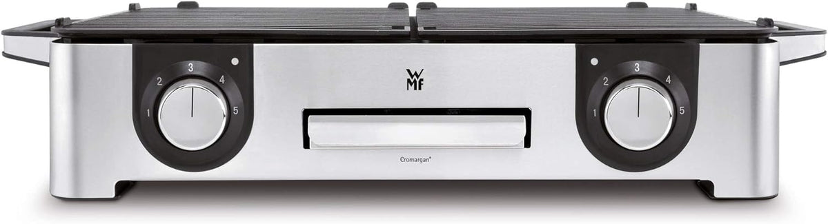 WMF Lono Master-Grill, Elektrogrill, 50x28 cm, Elektrogrill Tischgrill mit Windschutz und Auffangschale, Outdoorzertifiziert für Barbecue, 2 getrennt regulierbare Grillflächen, 2400 W, edelstahl matt