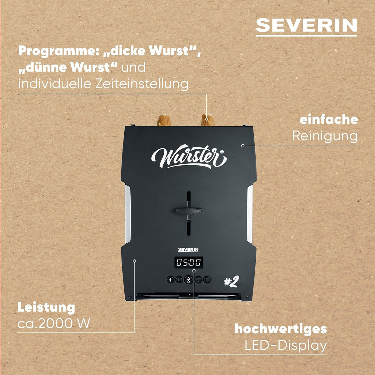 SEVERIN WURSTER, perfekt gebräunte Würstchen auf Knopfdruck in nur 5 Minuten, ohne Zugabe von Fremdfett, inkl. Holzzange, Schwarz, Edelstahl/Kunststoff, WT 5005