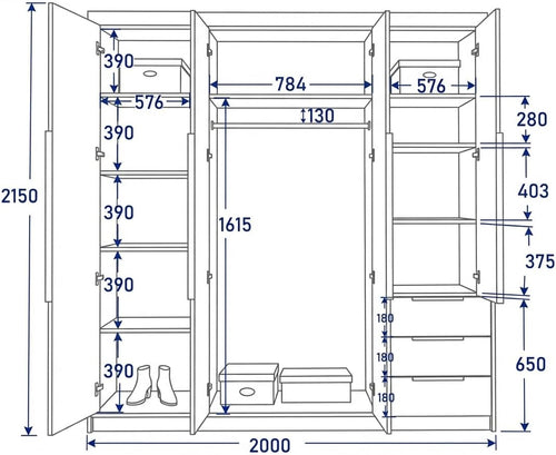 A und J MöbelLand VIVO Kleiderschrank 4-türig mit Spiegel und Schubladen - 200 x 215 cm - Drehtürenschrank mit Kleiderstange und Einlegeböden