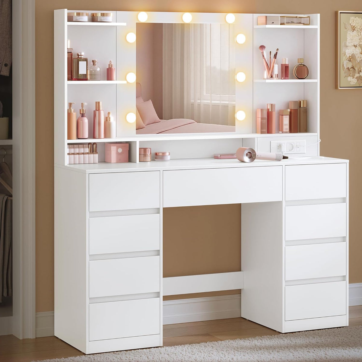 VASAGLE Kailyn Kollektion - Schminktisch mit Spiegel und LED-Leuchten, Steckdosenleiste, 9 Schubladen, 9 dimmbare Glühbirnen, 3 Lichtfarben, werkzeuglose Gleitschienen, wolkenweiß RDT141WB02