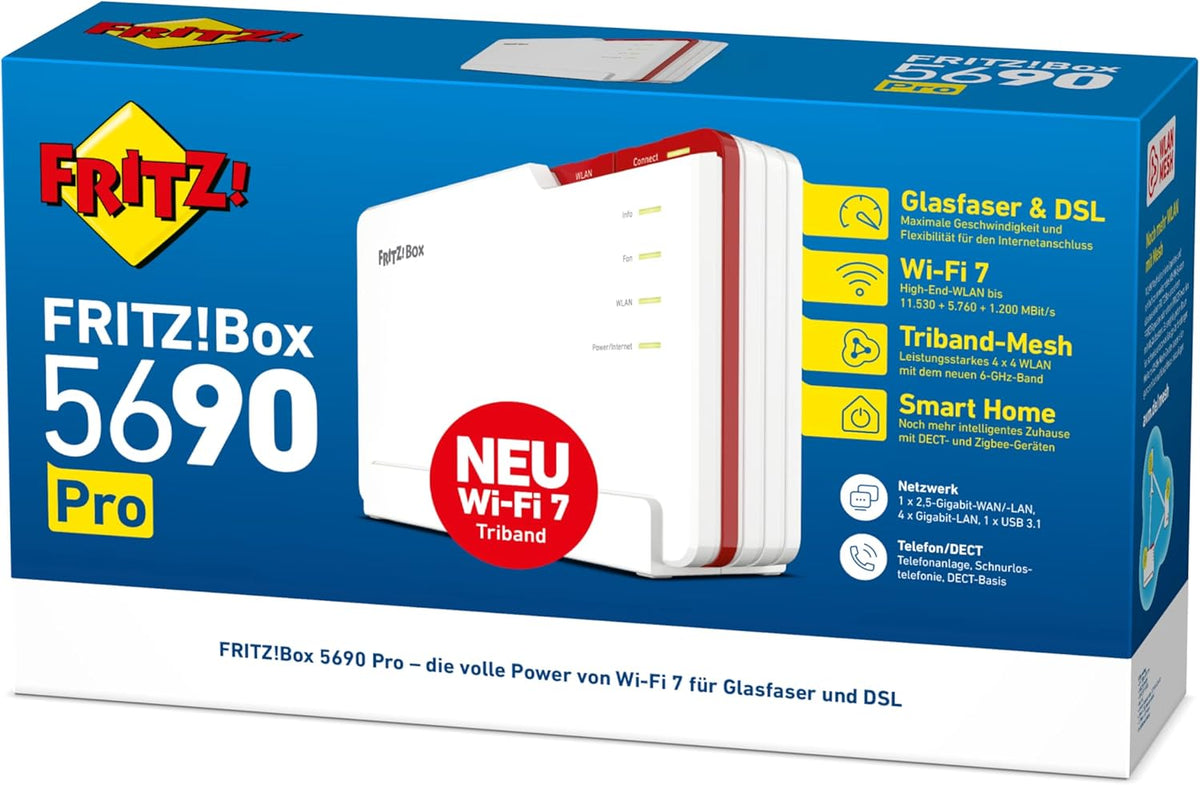 FRITZ!Box 5690 Pro (Wi-Fi 7 Premium DSL- und Glasfaser-Router mit Triband (2,4 GHz, 5 GHz, 6 GHz) bis zu 18,5 GBit/s, für Glasfaser & DSL-Anschlüsse, WLAN Mesh, DECT-Basis, deutschsprachige Version)