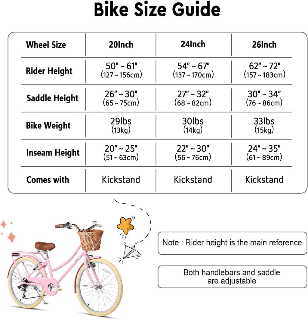 Glerc Missy 20 24 26 Zoll Mädchen City 6-Gang Hybrid Cruiser Fahrrad mit Weidenkorb für Jugend über 6-Jahre alt, mehrere Farben