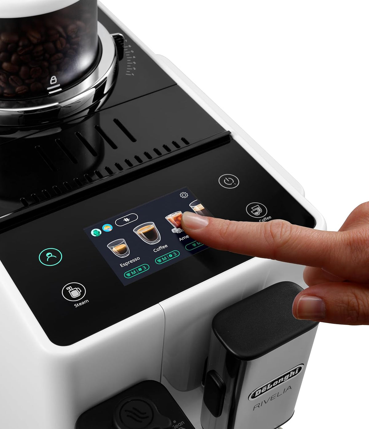 De'Longhi Rivelia EXAM440.55.W Kaffeevollautomat mit LatteCrema Milchsystem, Wechselbarer Bohnenbehälter, 16 Kaffee- & Milchgetränke auf Knopfdruck, Extra-Shot-Funktion, 3,5 Touch-Display, Weiß