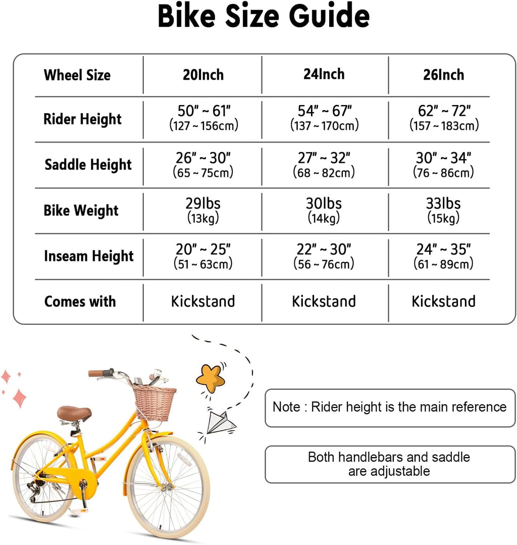 Glerc Missy 20 24 26 Zoll Mädchen City 6-Gang Hybrid Cruiser Fahrrad mit Weidenkorb für Jugend über 6-Jahre alt, mehrere Farben