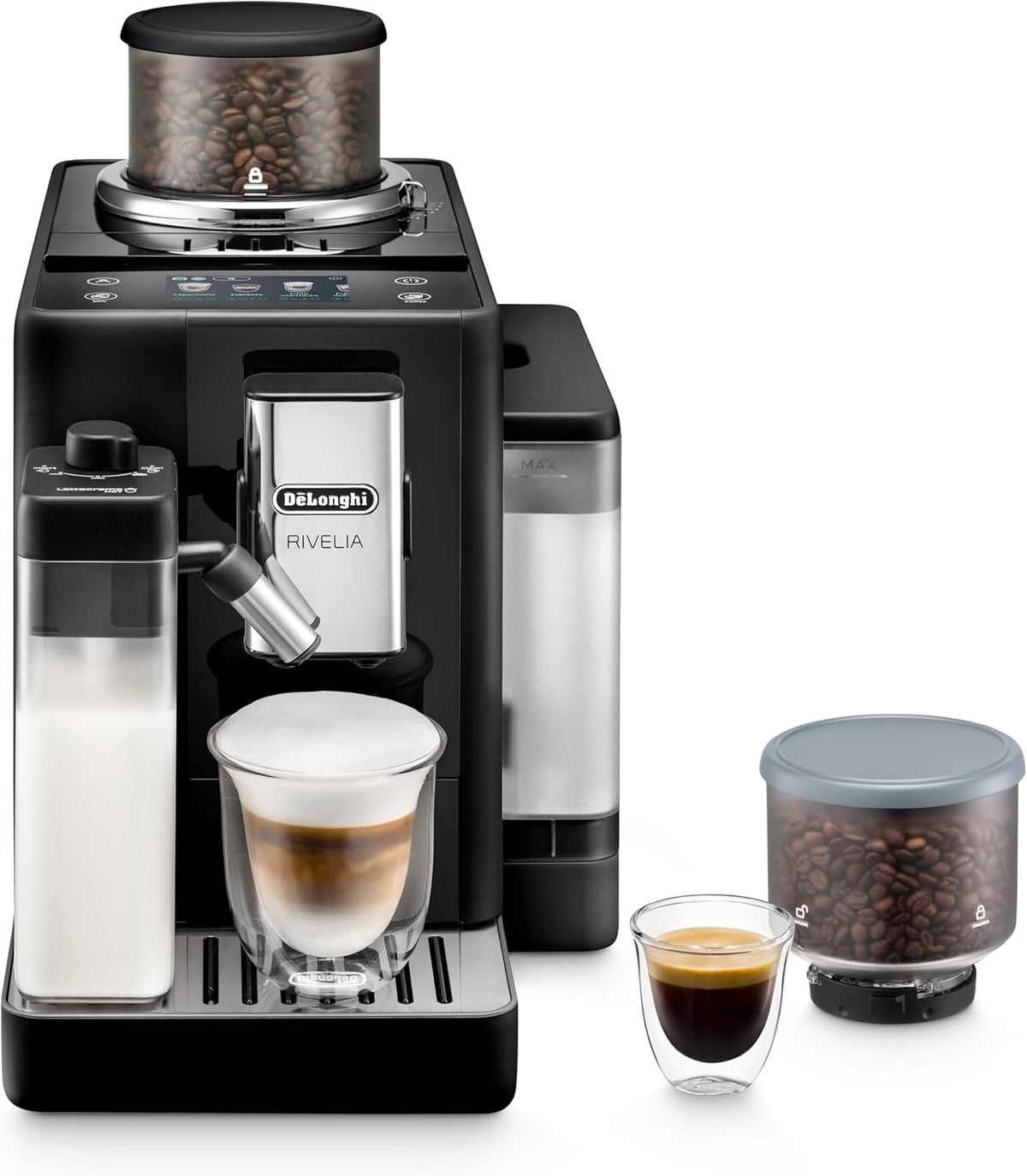 De'Longhi Rivelia EXAM440.55.W Kaffeevollautomat mit LatteCrema Milchsystem, Wechselbarer Bohnenbehälter, 16 Kaffee- & Milchgetränke auf Knopfdruck, Extra-Shot-Funktion, 3,5 Touch-Display, Weiß