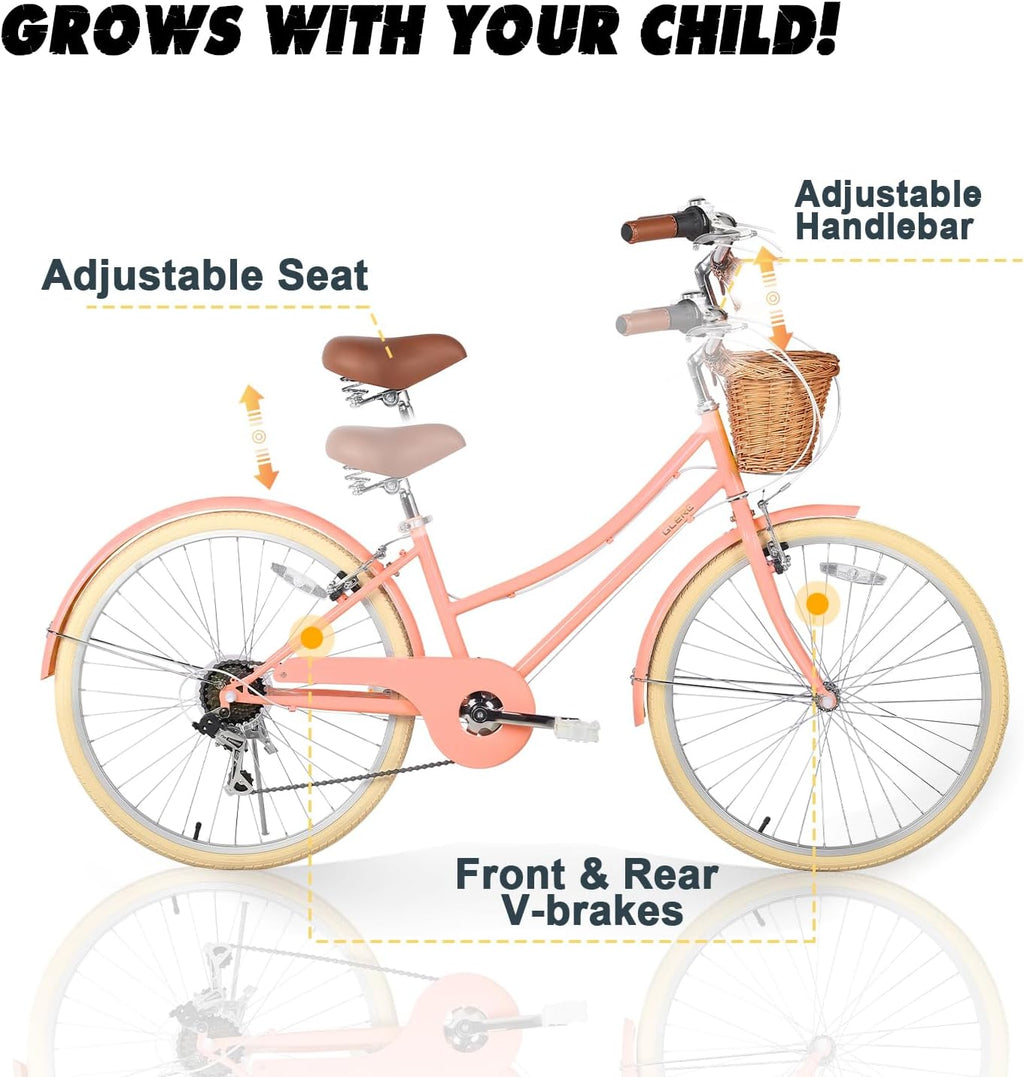 Glerc Missy 20 24 26 Zoll Mädchen City 6-Gang Hybrid Cruiser Fahrrad mit Weidenkorb für Jugend über 6-Jahre alt, mehrere Farben