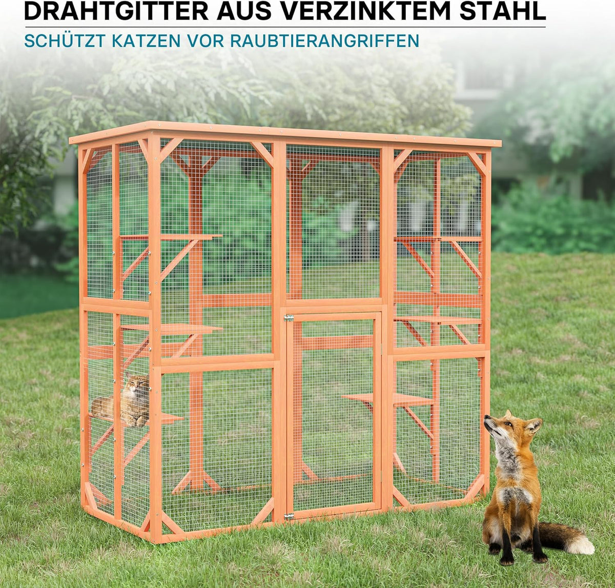 Wiltec Freilaufgehege Katzen 168 x 82 x 166,5 cm mit 6 Liegeflächen, wetterfestes Katzengehege Garten, Katzenhaus mit Drahtgitter und Bitumen Dach