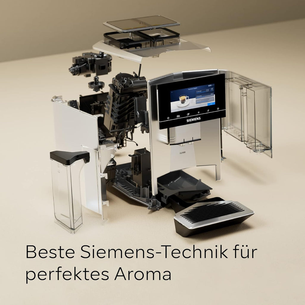Siemens Kaffeevollautomat EQ900 TQ903D03, App-Steuerung, intuitives Full-Touch-Display, Barista-Modus, AromaBoost, Geräuschreduzierung, Premiummahlwerk, automatische Dampfreinigung, 1500 W, edelstahl