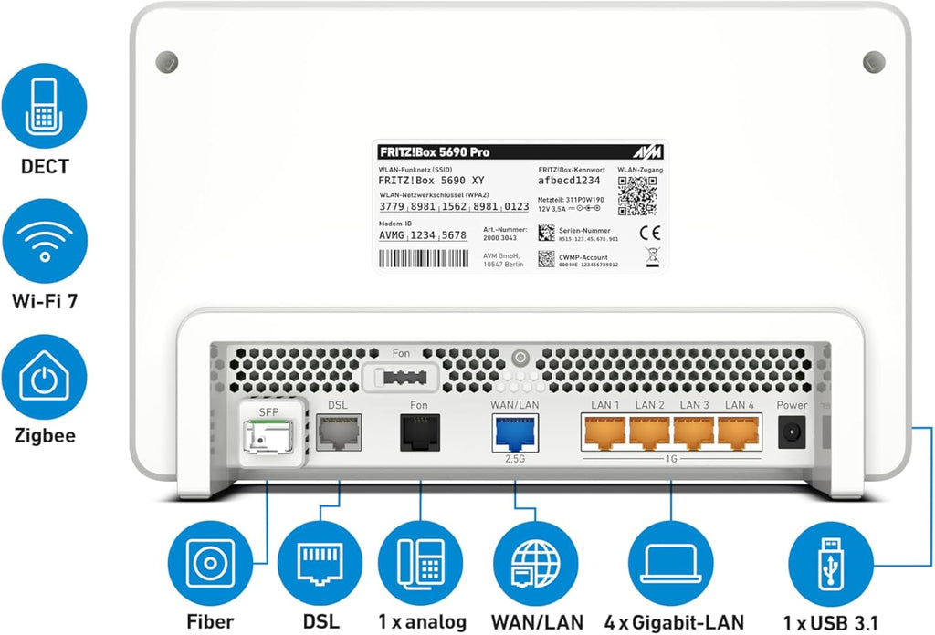 FRITZ!Box 5690 Pro (Wi-Fi 7 Premium DSL- und Glasfaser-Router mit Triband (2,4 GHz, 5 GHz, 6 GHz) bis zu 18,5 GBit/s, für Glasfaser & DSL-Anschlüsse, WLAN Mesh, DECT-Basis, deutschsprachige Version)