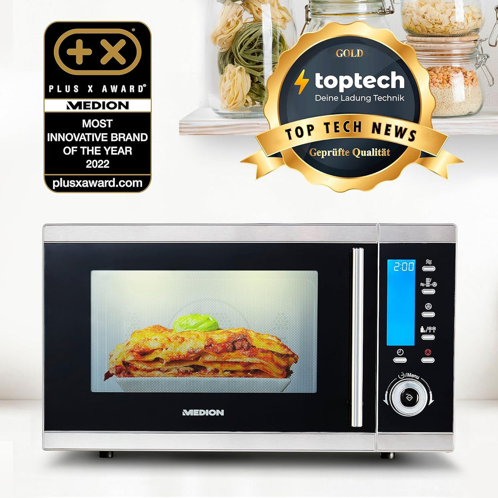 MEDION MD 15501 4 in 1 Mikrowelle mit Grill (25 Liter, 900 Watt, 1100 Watt Grill, 2500 Watt Heißluft, 10 Automatik-Programme) silber