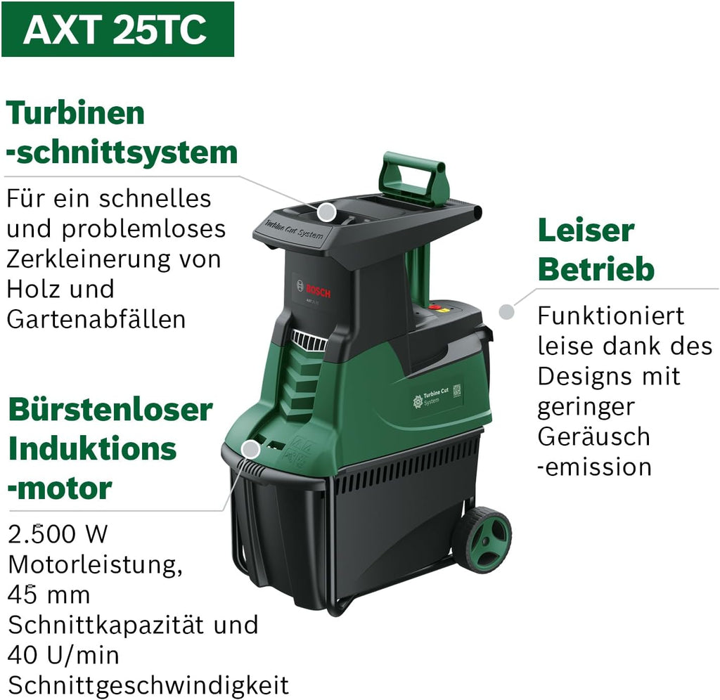 Bosch Turbinenhäcksler AXT 25 TC (2.500 W; geeignet für Holz und harte Gartenabfälle; inklusive Gartenhandschuhe; integrierte Fangbox 53 l; in Karton) – Edition