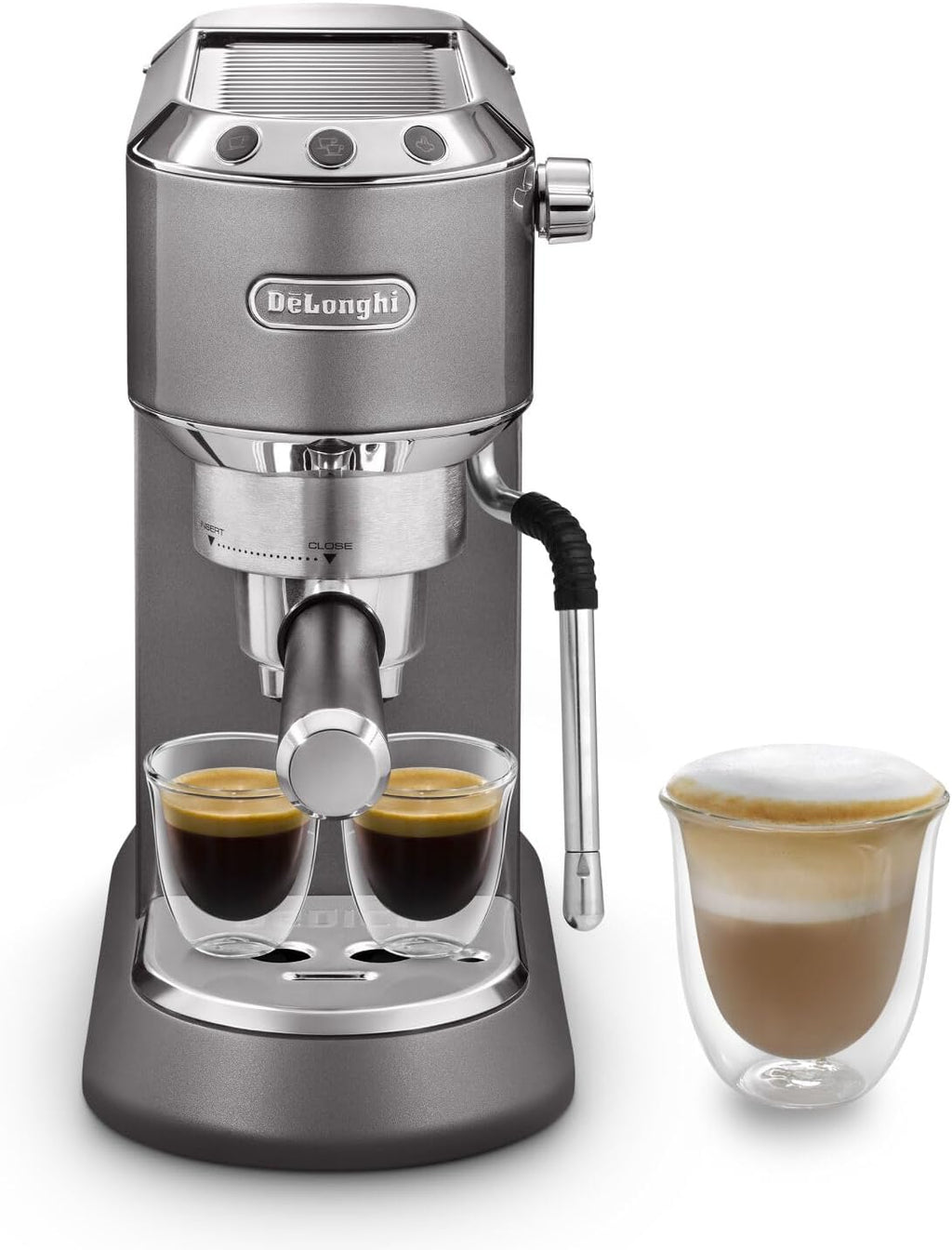 De'Longhi Dedica Style EC 685.M – Espresso Siebtrgermaschine, Espressomaschine mit professionellem Milchaufschumer, nur 15 cm breit, für Kaffeepulver oder ESE Pads, 1 l Wassertank, silber